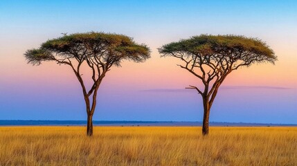 Stunning Acacia Trees Silhouetted Against Vibrant African Sunset Sky