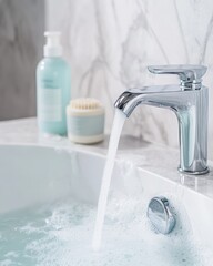 Running water filling up the bathtub, relaxation and cleanliness, Mabel bathroom