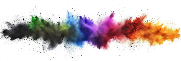 Obraz premium Dynamic explosion of vibrant colored dust spreading against a white background, creating a mesmerizing visual display of vivid hues and textures, ideal for abstract and creative concepts.