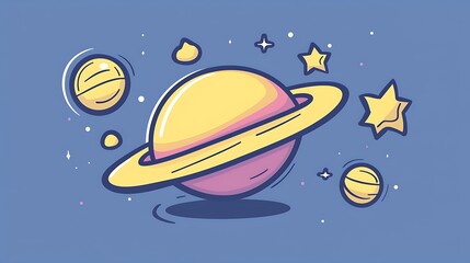 Naklejka premium Cute cartoon planet with rings and stars.