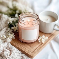 Pink candle glass mockup design, top view with flowers, white label