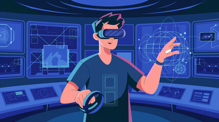 Man with VR in the blue control room. Modern technology concept. Digital devices. For design, advertising. Top view.