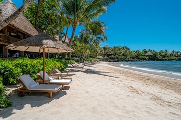 A resort beach cabana, complete with loungers, a cocktail table, and an umbrella providing shade under the tropical sun