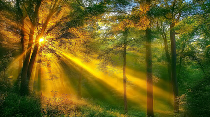 Obraz premium Serene forest scene with sunlight streaming through lush green trees, creating a tranquil and natural atmosphere in an elongated panoramic view.