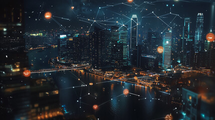 Obraz premium Smart digital Innovation city with connection network reciprocity over the cityscape. of future smart wireless digital city and social media networking systems that connects people with in city