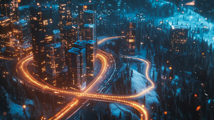 Obraz premium Smart digital Innovation city with connection network reciprocity over the cityscape. of future smart wireless digital city and social media networking systems that connects people with in city