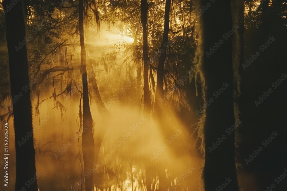 Aufkleber A mysterious swamp with dense trees is shrouded in ethereal fog, immersed in golden sunlight, creating an enchanting and atmospheric visual experience.