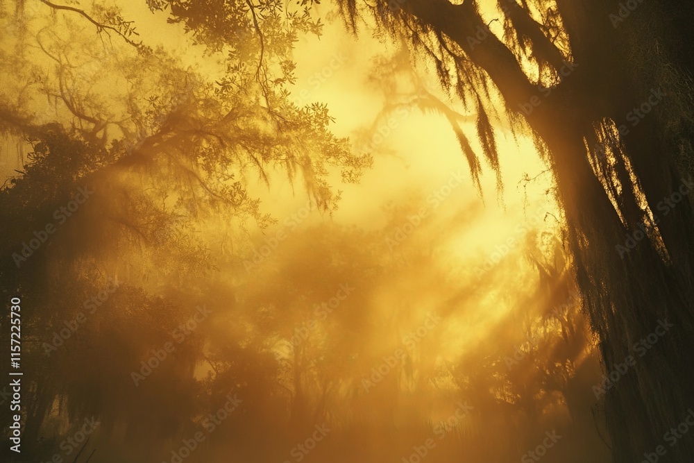 Poster a captivating forest caught in golden sunlight with mist swirling among towering trees, offering a m