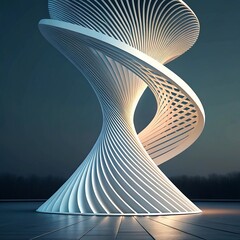 Intricate twisted 3D spiral structure with a blend of white and warm tones against a muted gray backdrop.