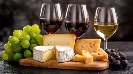 Elegant Wine and Cheese Tasting with Assorted Gourmet Delicacies on Rustic Wooden Board