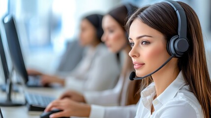Customer Service Representative in Call Center with Headset Assisting Customers