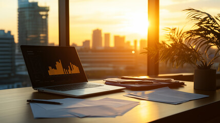 Sunset view over a city skyline with a laptop and documents on a wooden desk