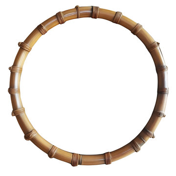 Circular bamboo frame with natural fibers, eco friendly aesthetic. Isolated on transparent background cut out
