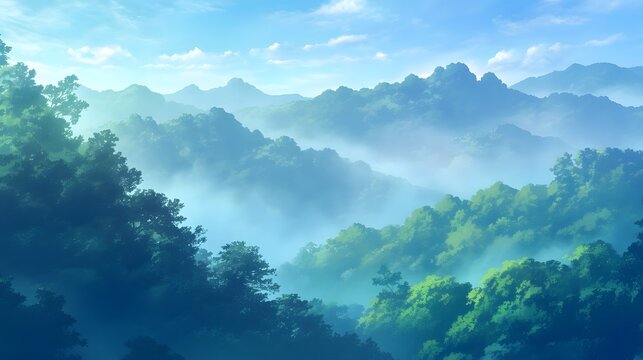 Misty mountainous terrain with lush trees and fog-covered peaks, anime style