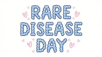Blue bubbly text "Rare Disease Day" with pink hearts around on white background. Medical awareness, holiday. Banner with copy space