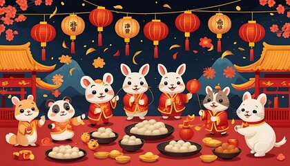 Playful cartoon-style Lunar New Year scene with adorable animals hosting a festival, complete with dumplings, lanterns, and fireworks