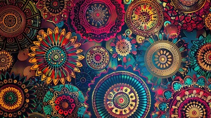 An abstract background featuring intricate mandala patterns in vibrant colors