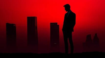 Silhouette of businessman against red city skyline.