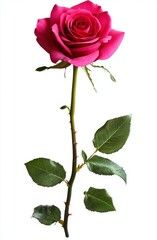 Vibrant pink rose in full bloom, displaying delicate petals, thorny stem, and lush green leaves against a pristine white background, symbolizing beauty and love