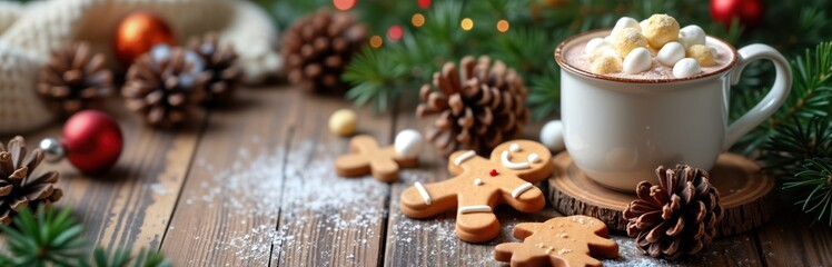 Cozy winter scene with gingerbread cookies, hot cocoa topped with marshmallows. Holiday decorations like pine cones, ornaments create festive atmosphere on rustic wooden table. Warm drink, treats for