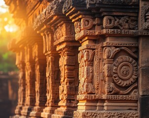 Obraz premium Intricate carvings on ancient temple columns at sunset showcasing fine craftsmanship and historical significance in a serene environment