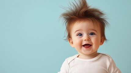 Baby with wild hair smiles joyfully against a soft blue background during morning light, showcasing innocence and delight in playful moments