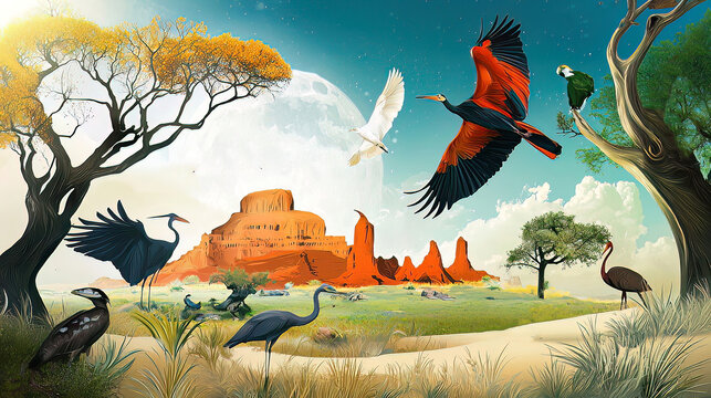 World Wildlife Day promotes awareness and preservation of species, biodiversity, and sustainability. Vibrant Landscape with Diverse Birds and Stunning Natural Elements