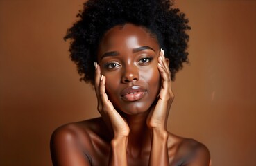 Attractive black woman poses in studio against brown backdrop. Natural beauty with skincare focus. Model expressive eyes, stylish makeup. Portrait captures confident pose to promote beauty products.