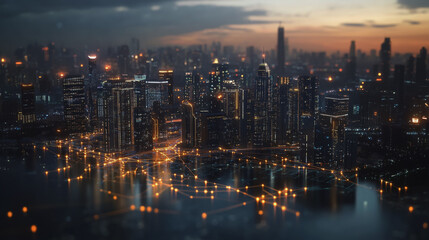 Obraz premium Smart digital Innovation city with connection network reciprocity over the cityscape. of future smart wireless digital city and social media networking systems that connects people with in city