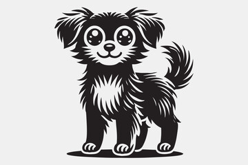 A stylized black and white silhouette of a puppy sitting.