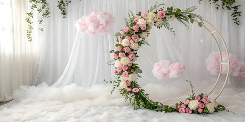 Elegant Wedding Decoration Featuring Floral Hoop with White and Pink Roses
