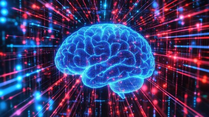 Neon brain illustration representing cognitive processes and neural networks in a futuristic digital environment