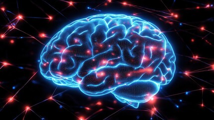 Visualization of a glowing brain with interconnected neural pathways against a dark background illustrating cognitive processes and mental activity