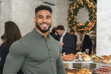 An HR manager overseeing a diversity and inclusion event, with cultural decorations and employees networking in the background