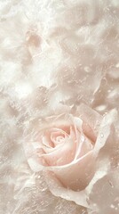Pale pink rose encased in a block of ice, adorned with glistening water droplets that enhance its delicate beauty, perfect for creating captivating backgrounds and artistic compositions