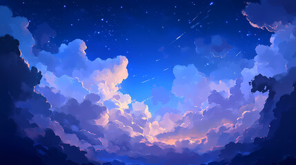 Majestic blue sky with wispy spindrift clouds and deep indigo hues at dusk, blue, wispy, atmospheric. Spindrift. Illustration