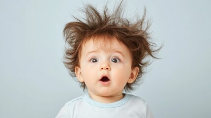 Naklejka premium Surprised baby with messy hair expressing astonishment against a light background during a playful moment at home