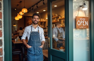 Smiling cafe owner stands at doorway. Sign says Open. Small business in focus. Friendly, welcoming. Person wearing apron looks directly at camera. Energetic vibe. Customer-focused establishment.