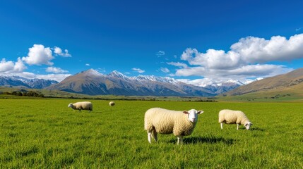 Obraz premium Majestic Mountain Meadow with Grazing Sheep in Scenic Countryside Landscape
