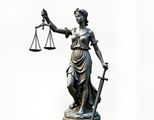 Lady Justice statue isolated on white background. Sculpted female figure holds scales, sword. Symbol of law, justice. Elegant classical design. Ideal for legal themes. Visual element for law firms