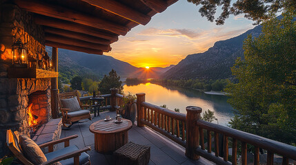 Cozy terrace with wooden furniture and a view of the mountains and lake at sunset. The warm light from the lanterns hanging on both sides of the terrace adds to the peaceful atmosphere.