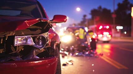 Car accident involving multiple vehicles on a city street during twilight, emergency responders arriving to assist the injured and assess the damage