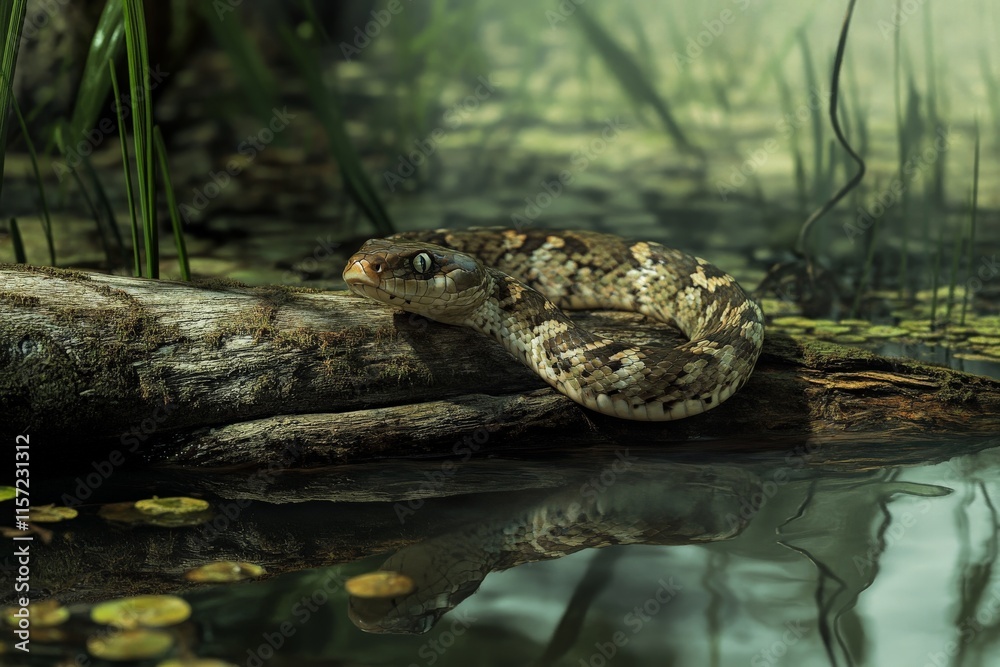 Poster a brown patterned snake lies gracefully on a log in its natural habitat, surrounded by lush greenery
