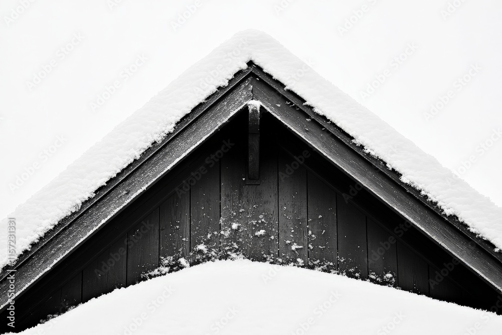 Poster a sharp rooftop peak is covered in pure white snow, captured in a minimalist and artistic style, evo