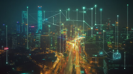 Fototapeta premium Smart digital Innovation city with connection network reciprocity over the cityscape. of future smart wireless digital city and social media networking systems that connects people with in city