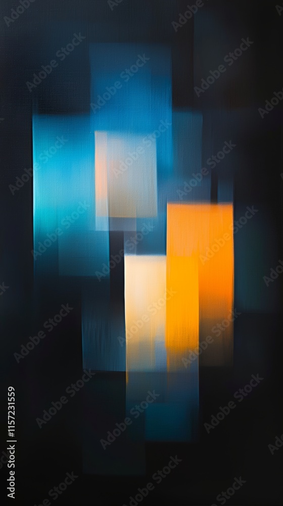 Poster colorful rectangles overlapping on a dark background, creating a vibrant and dynamic abstract compos