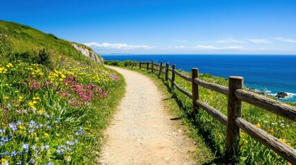 Scenic Coastal Trail Winding Through Lush Hillside Meadows and Flowers with Ocean View