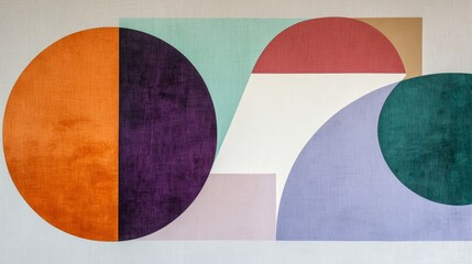 Geometric shapes in bold colors create a modern abstract art composition, featuring overlapping circles, semicircles, and rectangles in vibrant orange, purple, teal, red, and lilac