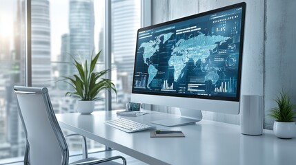 A modern workspace featuring a sleek computer displaying a world map and data analytics, surrounded by a bright office environment with city views.