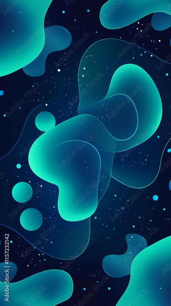 Poster dynamic turquoise and blue shapes flowing and overlapping against a dark backdrop create a vibrant a